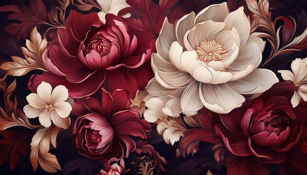 dramatic floral pattern showcasing large intricate flowers in jewel tones of burgundy coral and cream on a dark background for design fabrics and exclusive stationery