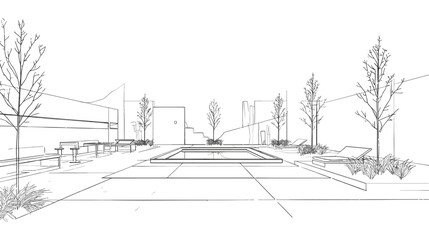 Fototapeta premium Modern Architectural Perspective Line Art of Luxury Residential Backyard with Swimming Pool and Sunbeds