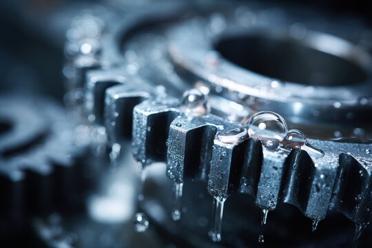 Close-up of interlocking gear teeth with lubrication oil in a precision machining workshop