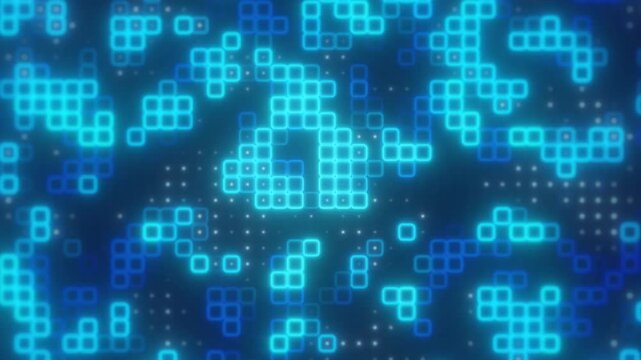 Glowing blue square grid pattern with pixel blocks, soft particles