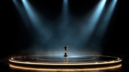 Obraz premium Elegant circular podium centerpiece for an awards ceremony on a black stage with dramatic gold and blue lighting