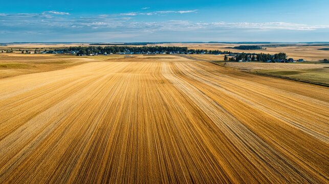 Aerial view of a swather harvesting barley in Alberta farmland