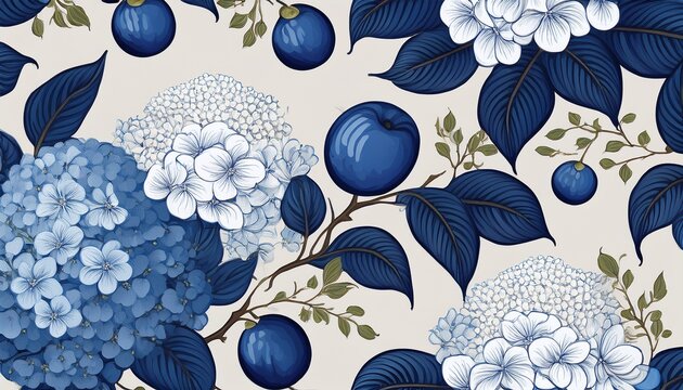 chinoiserie inspired seamless pattern of blue hydrangeas white blossoms and stylized plums or berries for fabrics wallpapers or luxury home decor