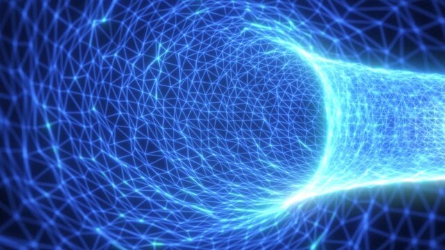 Glowing cyan wireframe mesh structure with polygon network lines
