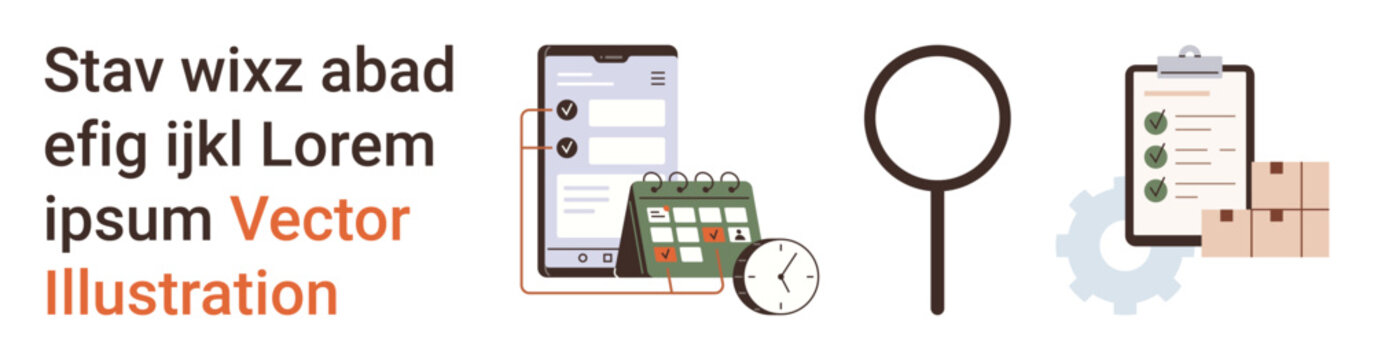 Project planning, task organization, delivery management, productivity tools, online scheduling, business concepts. Tablet, calendar magnifying glass checklist and boxes. Task organization