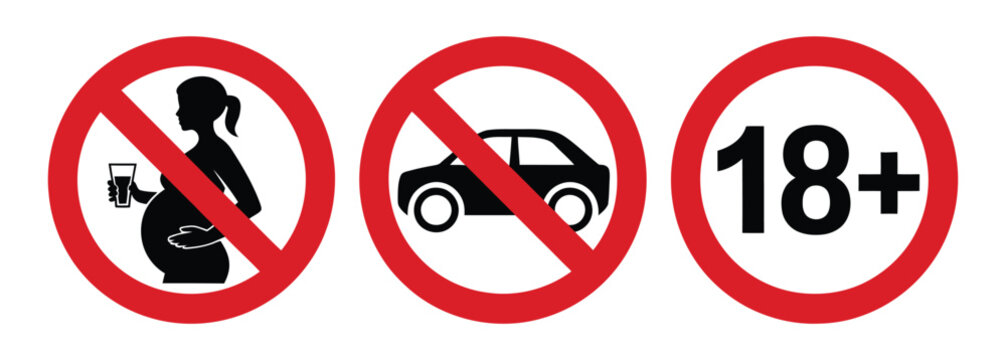 Prohibition sign set featuring no drinking during pregnancy and 18+ age restriction symbols for health safety, legal warning, and public awareness vector design.