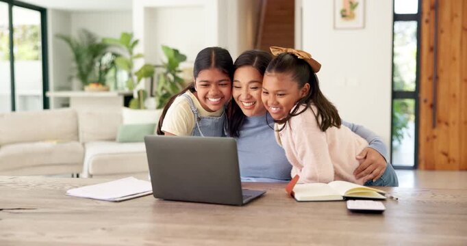 Girl, children and surprise with mom for remote work from home, hug and excited with laptop in lounge. Mother, kids and connection with embrace, care and love with freelance career in family house