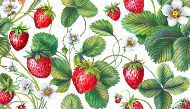 watercolor seamless pattern with vintage strawberry branch with berries leaves and flowers isolated on white