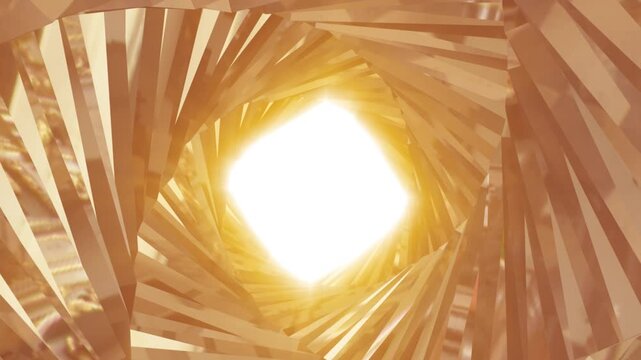 Golden geometric tunnel with bright central light, layered polygonal shapes