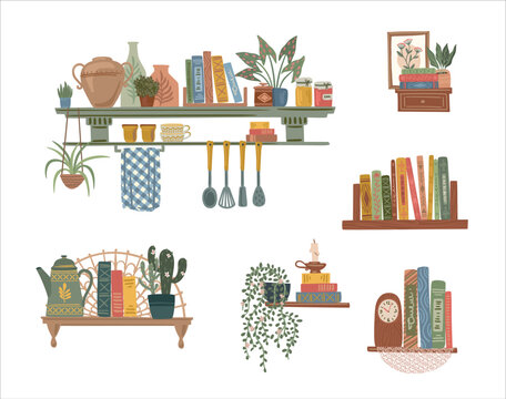 Kitchen shelf with dishes, books and houseplants. Cottage Core. Vector isolated illustration. Design element