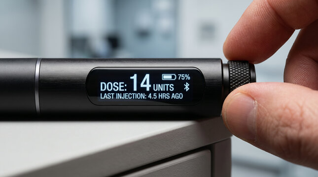 Patient adjusting smart insulin pen dose with digital screen showing injection units for diabetes care. Insulin-dependent diabetes. Blood sugar level, glucose monitoring. Medical symptoms copy-space.