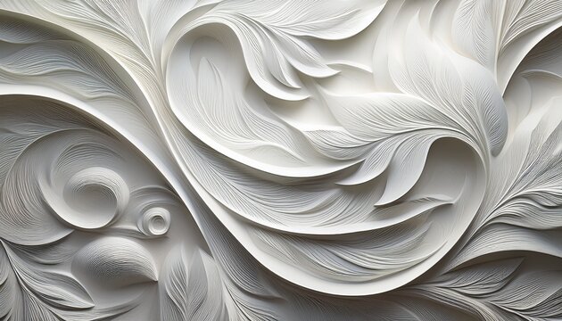 abstract white texture waves with carving pattern featuring grass and leaves for background design