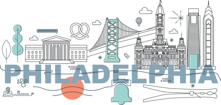 Philadelphia culture travel set, famous architectures and specialties in flat design. Business US tourism concept clipart. Philly image for presentation, banner, website, advert, flyer, roadmap, icons