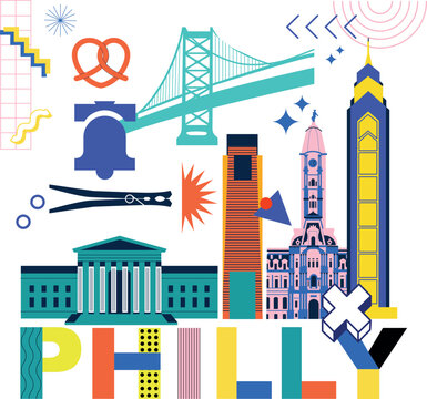 Philadelphia culture travel set, famous architectures and specialties in flat design. Business US tourism concept clipart. Philly image for presentation, banner, website, advert, flyer, roadmap, icons