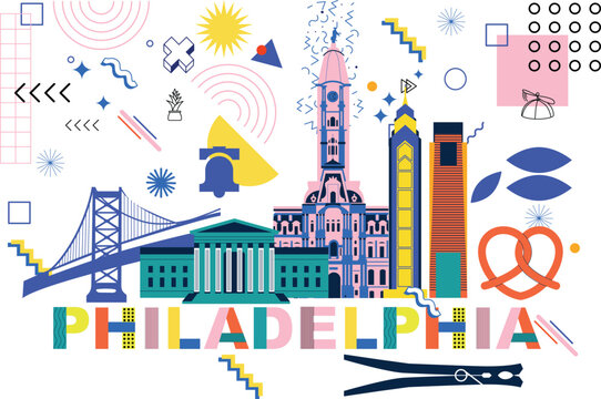 Philadelphia culture travel set, famous architectures and specialties in flat design. Business US tourism concept clipart. Philly image for presentation, banner, website, advert, flyer, roadmap, icons