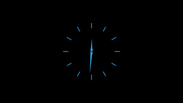 Bright blue clock face with thin hands on solid black background