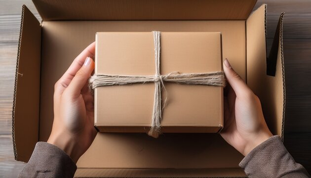 hands place a wrapped kraft box into a corrugated shipping carton with paper filler for safe ecommerce packaging