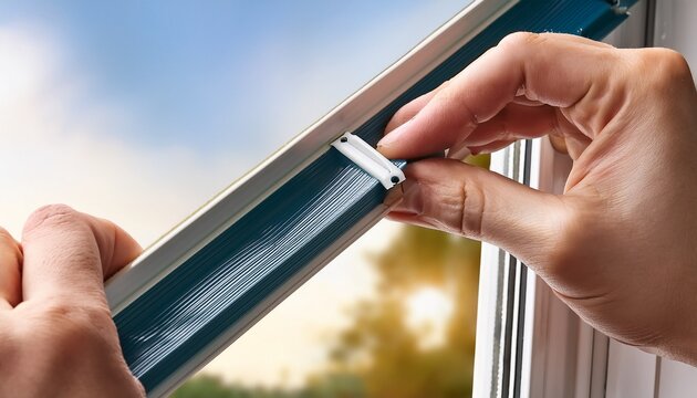 installing window seal to stop cold drafts close up of hands fitting rubber weather stripping on a window frame to reduce drafts improve insulation and save household energy