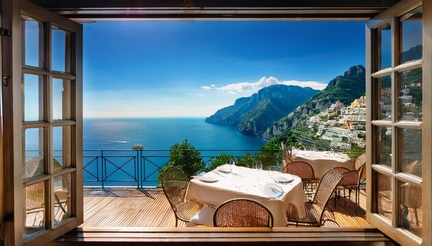view through an open window of restaurant on the ocean front hilltop italy along the amalfi coast