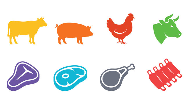 Assortment of colorful farm animal and meat product icons with farm animals meat products butchery