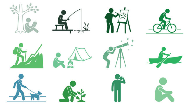 Diverse outdoor leisure activities and hobbies icons set featuring nature and relaxation, recreation