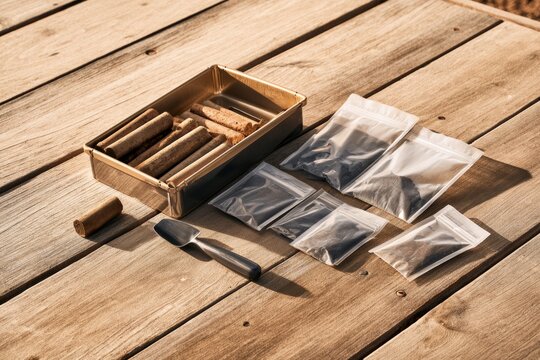 Soil testing kit with sample cores and sealed soil bags on wooden table