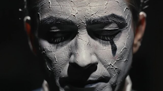 Close up of mime with cracked white face paint performing slowly