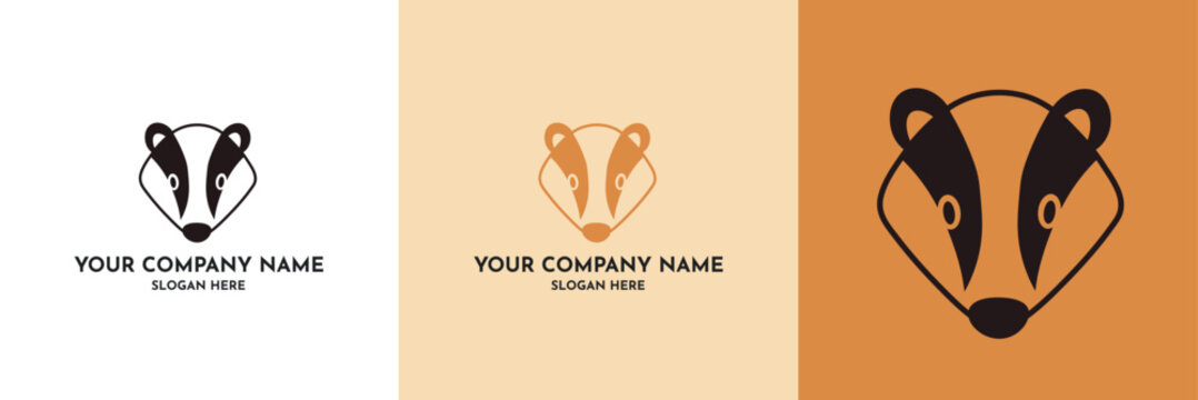 Minimalist badger head logo design template set, linear wild animal company emblem variations on multi colored backgrounds.