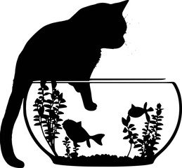 a silhouette of a cat looking at a fish in a bowl svg, Cat and Fishbowl Silhouette SVG - Kitten Hunting Goldfish Vector Design © Sansmith