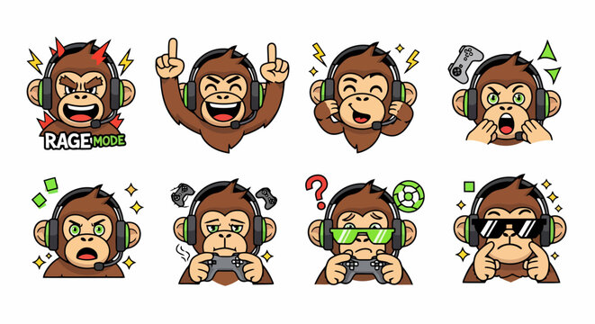 Funny Monkey Gamer Character Set With Various Emotions.