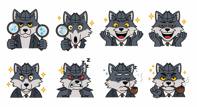 Set of cartoon wolf characters in various emotions and actions.