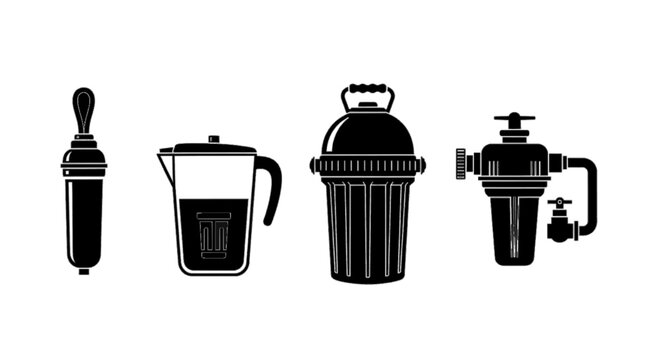 Minimal black silhouette icon, simple flat vector, bold black shape, no, no shading set of water filter icons on a, flat icon style