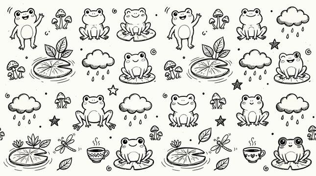 Cute cartoon frogs and toads sitting.