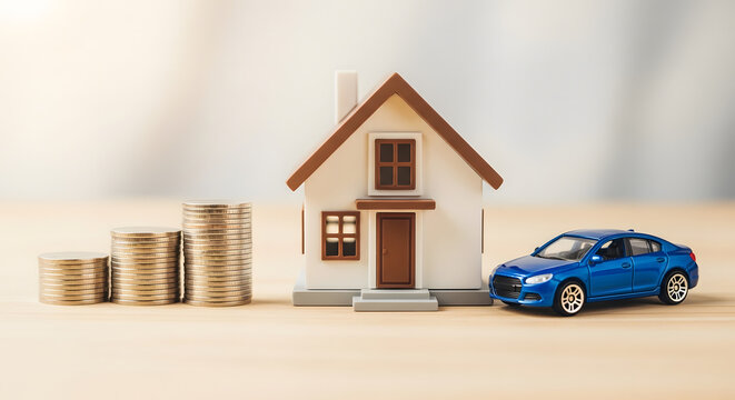 Toy house, car, and coins on table, symbolizing savings and ownership