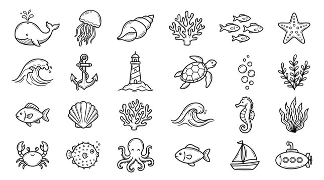 Black and white sea creatures icons.