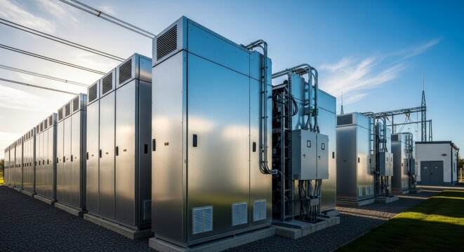 Industrial battery energy storage system at utility power plant. Large lithium ion container for renewable electrical grid load balancing. Sustainable green energy technology infrastructure.