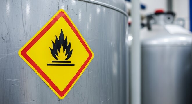 Flammable sign on a metallic gas tank. Industrial warning label for combustible substance. Safety precaution symbol for hazard prevention in factory and chemical storage environment.