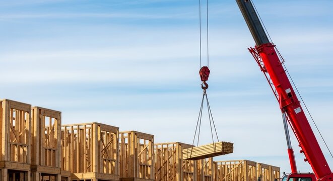 Mobile crane lifting wooden lumber beams on residential construction site. Heavy equipment transporting building materials for wood frame house structure. Real estate development project.