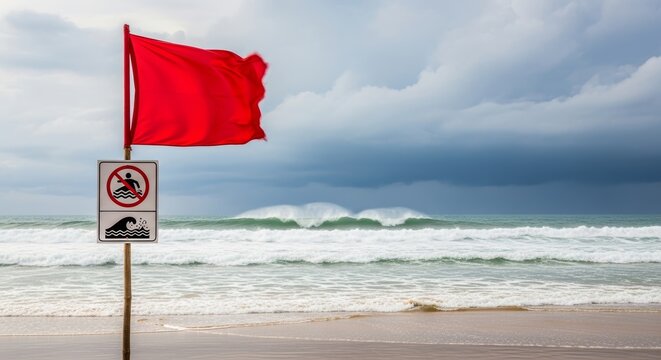 Red flag waving on a pole on a sandy beach. Sea water with high waves and stormy sky. Warning sign prohibited swimming due to dangerous weather condition and rough ocean water.