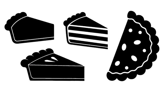 Minimal black silhouette icon, simple flat vector, bold black shape, no, no shading set of four different pie and cake slices on a, flat icon style