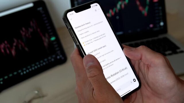 Man hands holding smartphone with AI chatbot showing trading analysis text in front of stock market monitors with charts. Concept of fintech, AI trading assistant, investment and market analysis.
