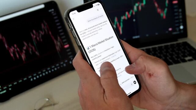 Man hands holding smartphone with AI chatbot showing trading analysis text in front of stock market monitors with charts. Concept of fintech, AI trading assistant, investment and market analysis.