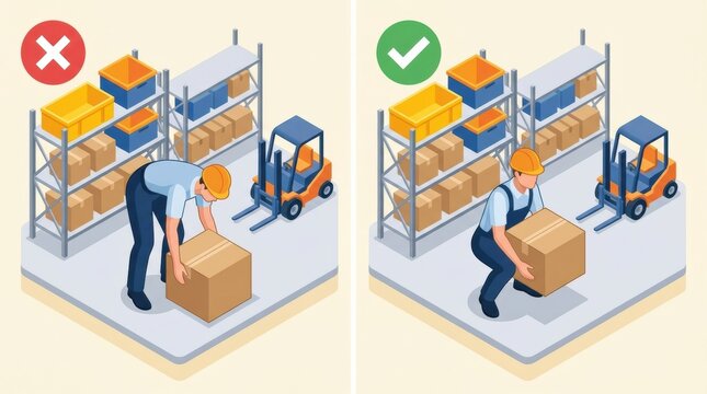 Worker demonstrates proper lifting techniques in a warehouse while comparing incorrect methods. Visuals show safety and efficiency in lifting.
