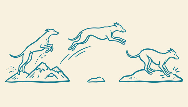 Three greyhound dogs leaping across mountain peaks in a minimalist teal line art style