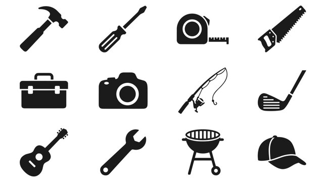 Collection of diverse hobby and tool icons including hammer, camera, golf club, and guitar