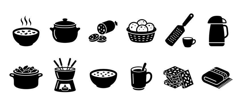 Collection of food and drink icons including soup, cheese, sausage, bread, fondue, and beverages