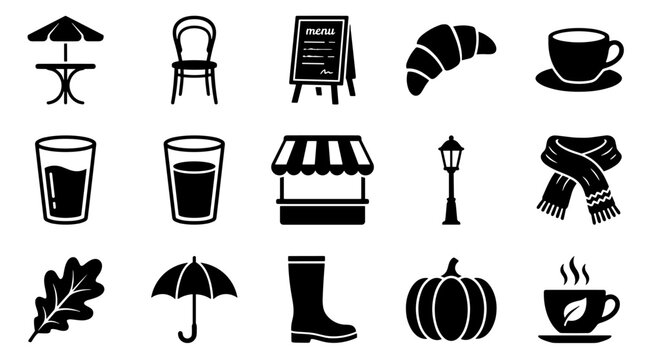 Autumn cafe icons set outdoor seating coffee cup croissant umbrella and pumpkin