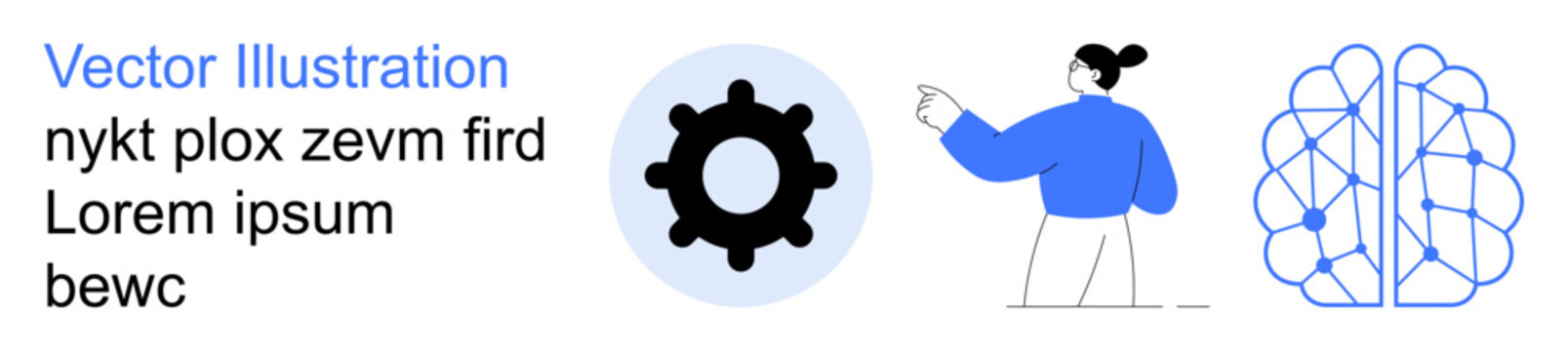 Artificial intelligence, machine learning, human interaction, neural networks, technology advancements, automation. a human pointing at a network and a gear icon. AI development and machine learning