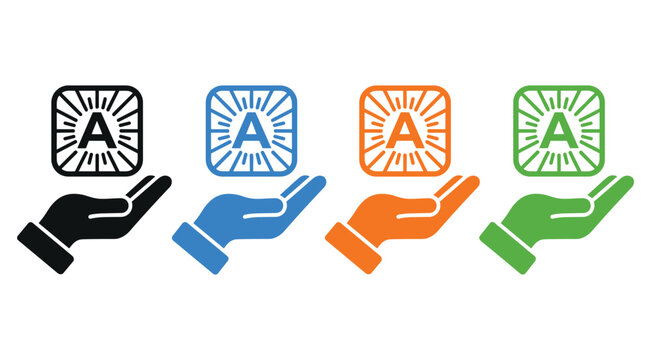 Four hands holding square icons with letter a and radiating light rays in different colors, letter