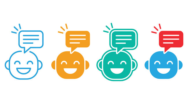 Colorful set of friendly robot head icons with message bubbles for chat and support, communication